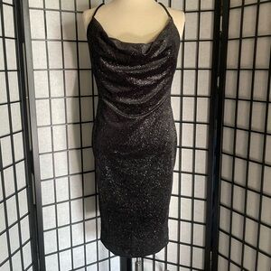 Sexy woman's black velvet rainbow sparkle midi cocktail dress size Large